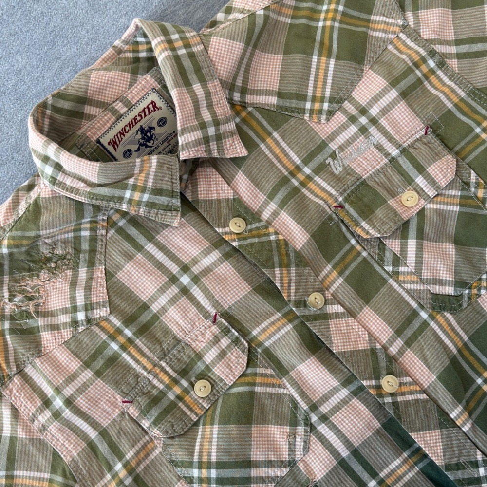 Winchester Mens XL Green Plaid Distressed Western Short Sleeve Button Down Shirt
